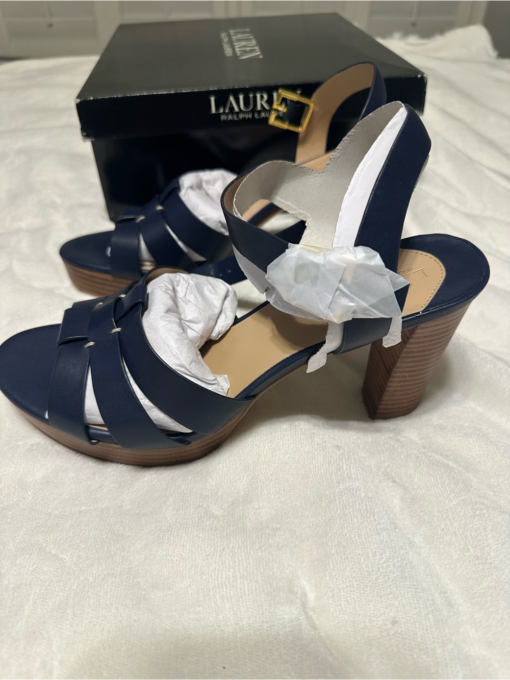 Lauren Ralph Lauren Navy Strappy Block Heels with Brown Wood-Tone Stack